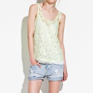ZARA Neon Green & White Lace Front Detail Tank Size XS